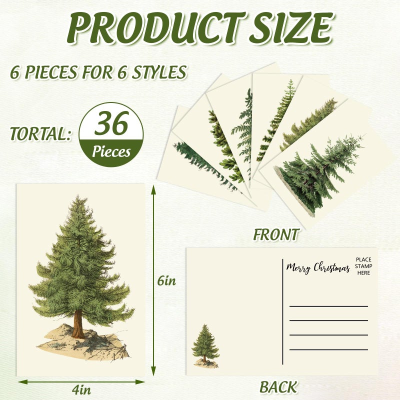 Whaline 36Pcs Christmas Postcard Vintage Xmas Tree Post Card 6 Designs Green Beige Greeting Card for Winter Party Supplies, 4 x 6 Inch - Image 2